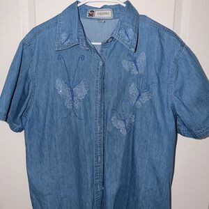 Embroidered Denim Shirt with Butterfly Design
